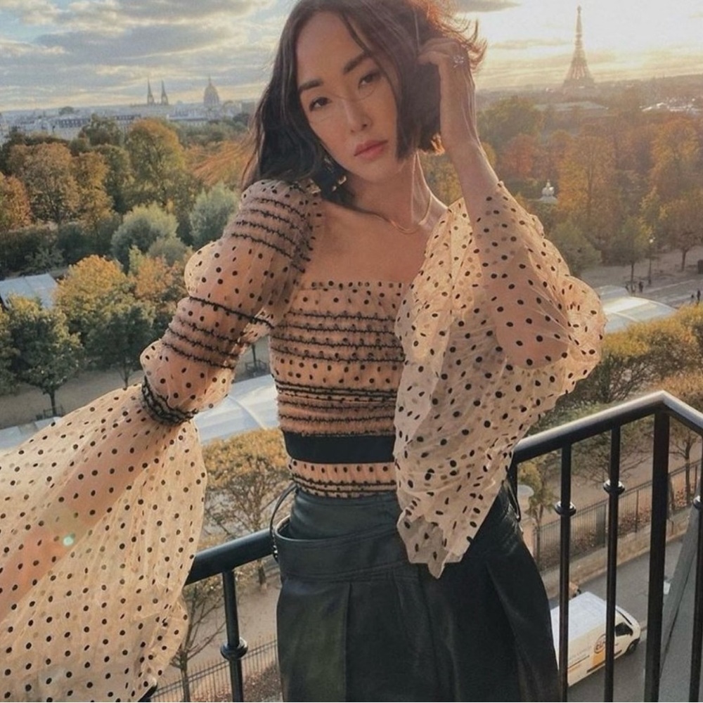 NWOT Self-Portrait Shirred Sheer Polka Dot Top in Tan / Nude & Black - 2 (S)
